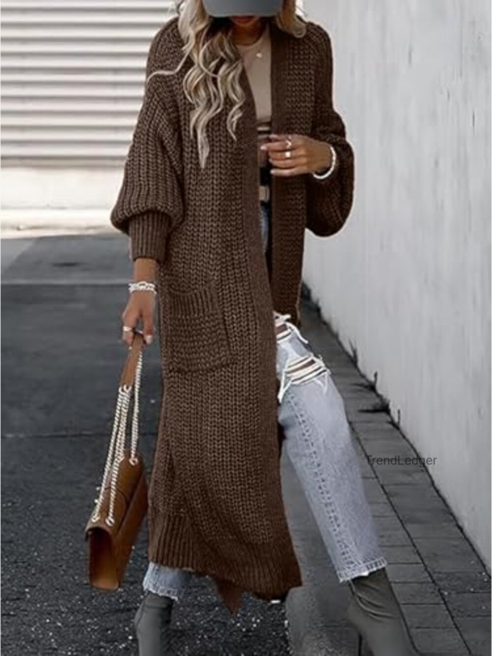 Oversized Long Cardigan Sweater Open Front Knit Coat with Pockets - Picture 3 of 7